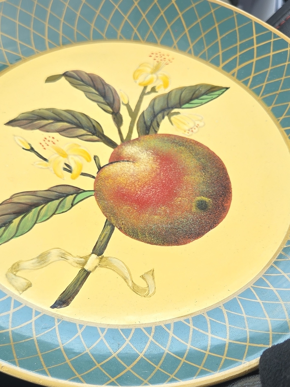 Raymond Waiters Hand-Painted Fruit Decorative Wall Plate in Teal and Yellow